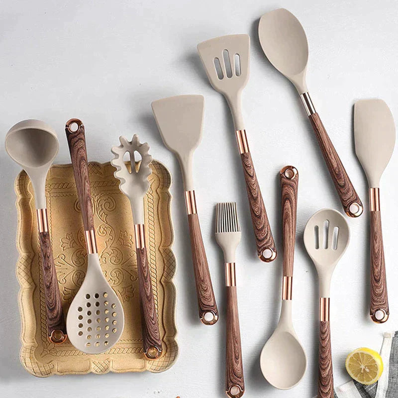 10-delige siliconen keukengerei set met houten handvatten