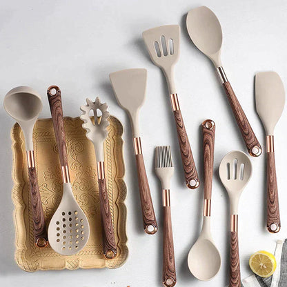 10-delige siliconen keukengerei set met houten handvatten