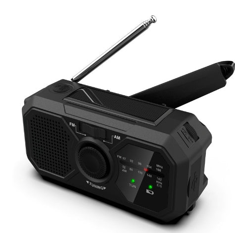 Draagbare noodradio – op zonne-energie en handkurk aangedreven