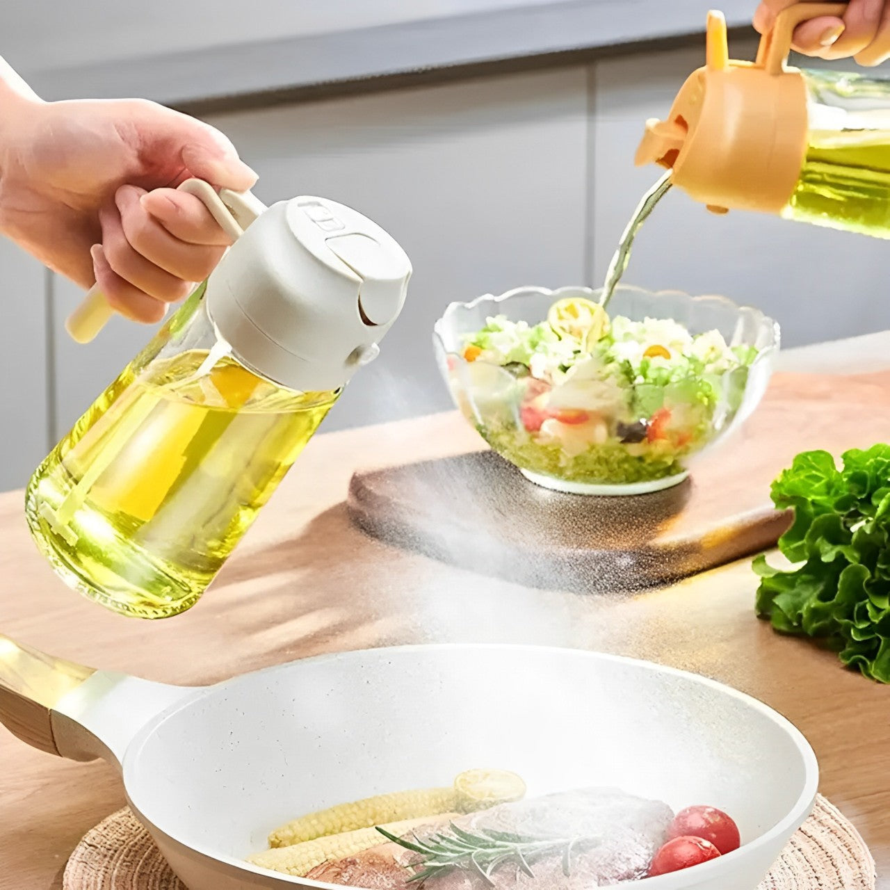 2-in-1 olijfolie dispenser & verstuiver – perfect voor koken, salades en barbecue