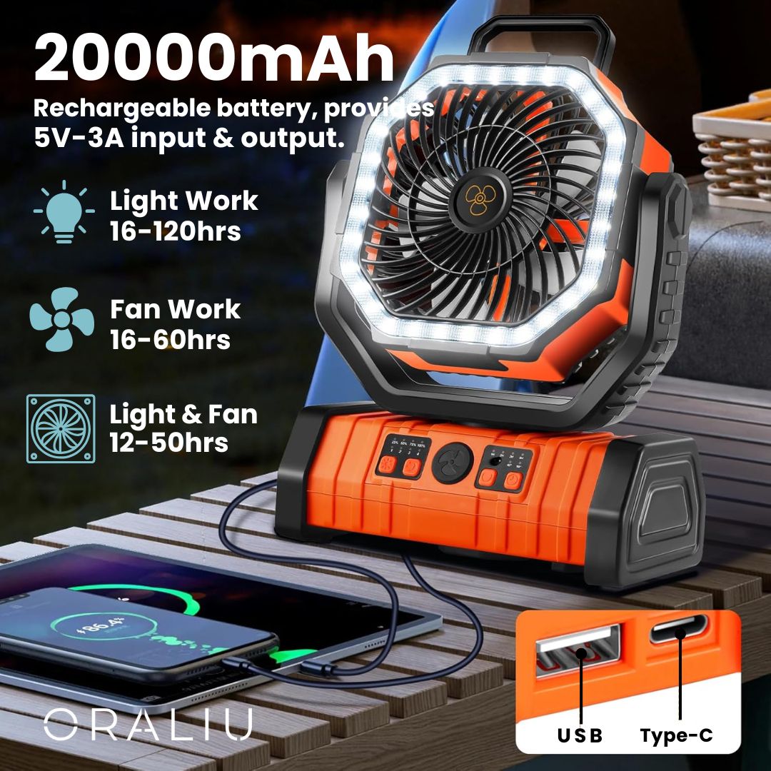3-i-1 campingventilator med LED-lys og 20000mAh powerbank