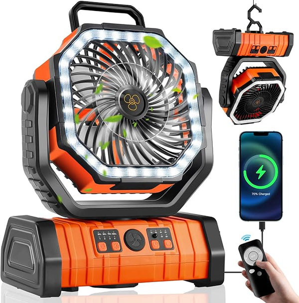 3-i-1 campingventilator med LED-lys og 20000mAh powerbank