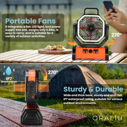 3-i-1 campingventilator med LED-lys og 20000mAh powerbank