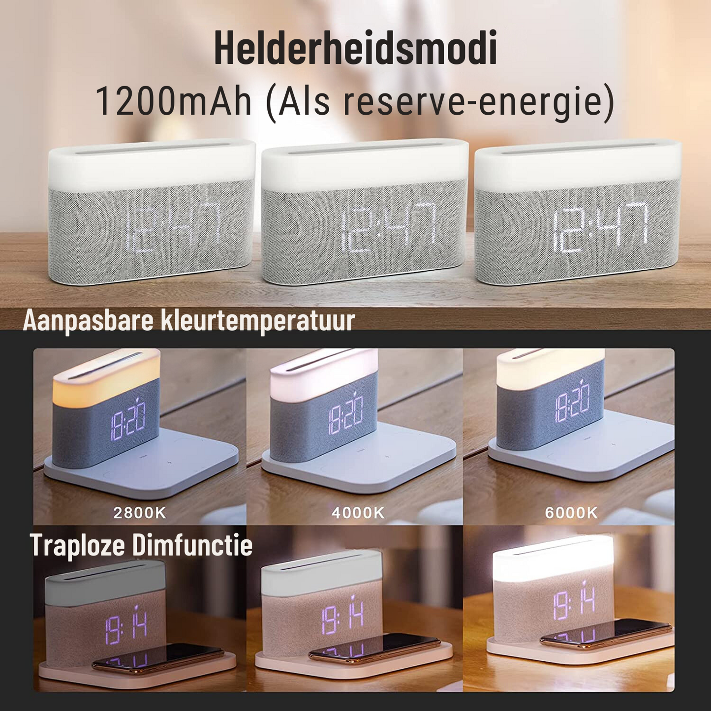3-in-1 Draadloze Oplader LED Lamp en Digitale Wekker Dock