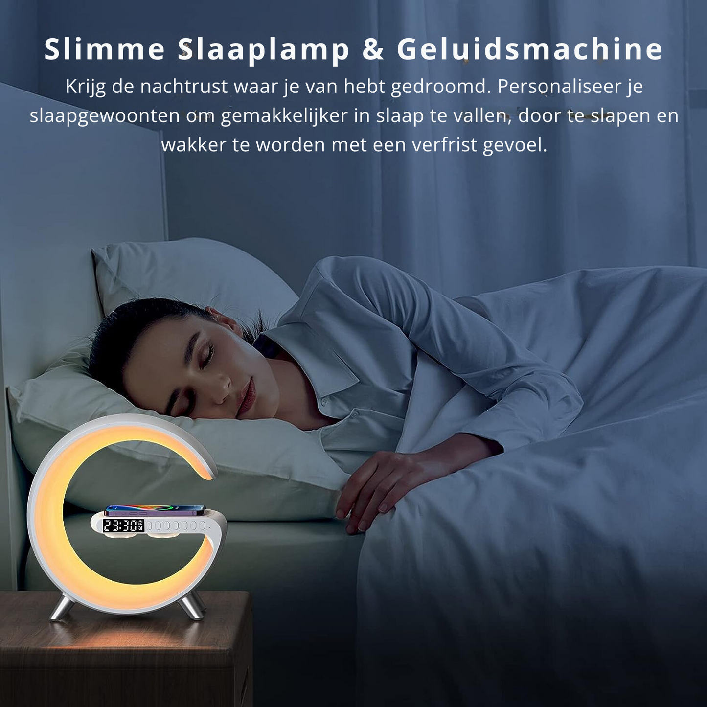 4-in-1 slimme wekker met sfeerverlichting, speaker en draadloze oplader
