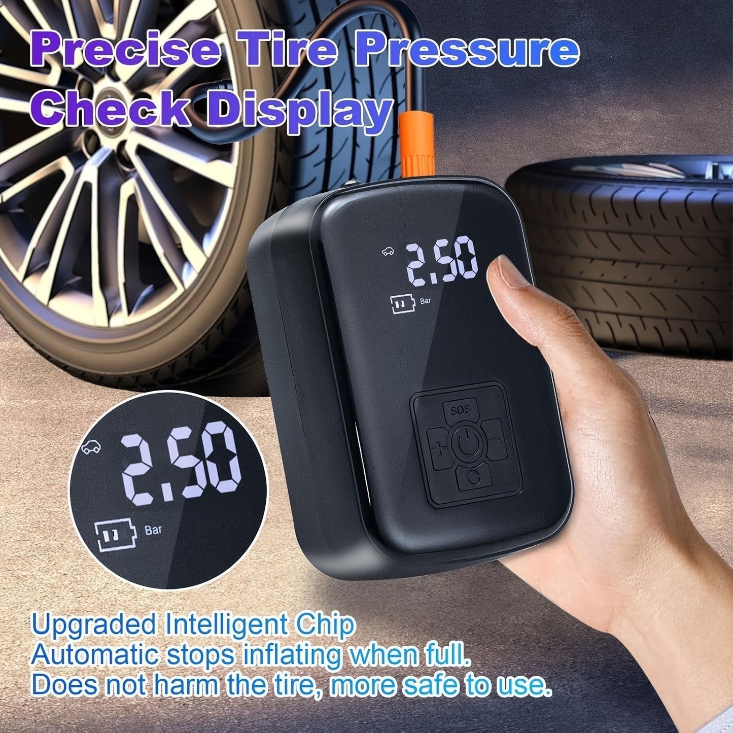 AirPump Pro draagbare luchtcompressor met digitaal display en LED-licht