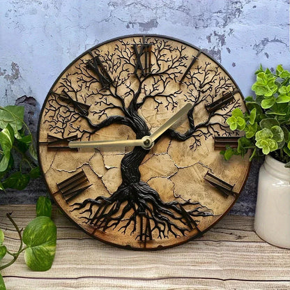 Arboria houten wandklok met levensboom ontwerp voor rustieke natuurlijke woondecoratie