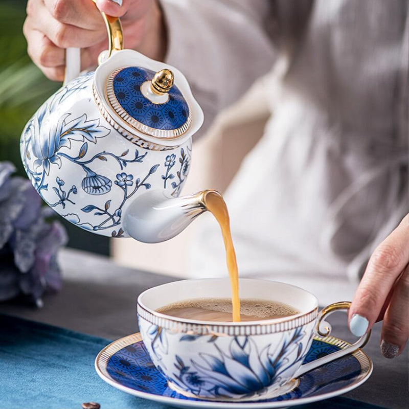Blauwe Bloementhee voor Eén Porseleinen Theepot Kopjes Set