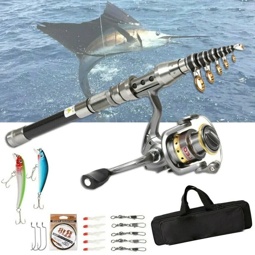 Carbon Fibre telescopische hengel en molen combo draagbare visset met accessoires