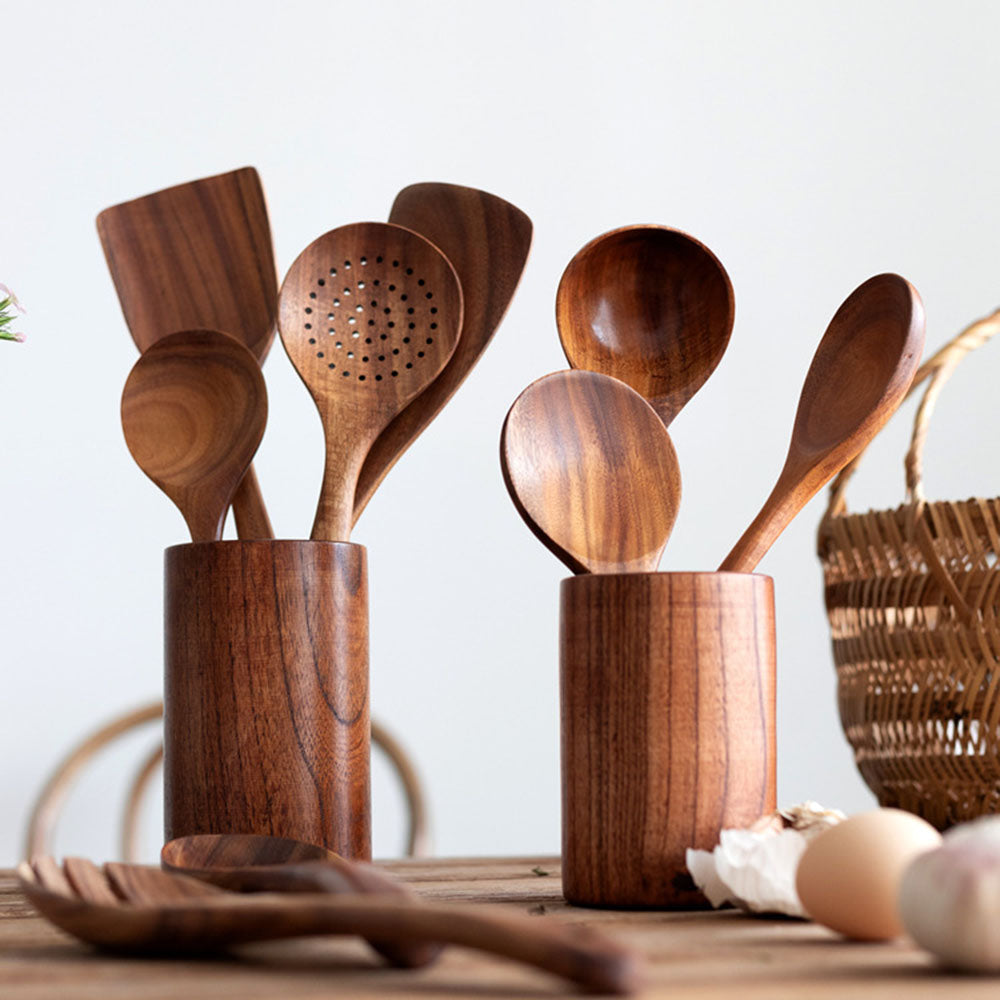 Milieuvriendelijke teak houten keukengerei set, krasvrije kookgereedschappen