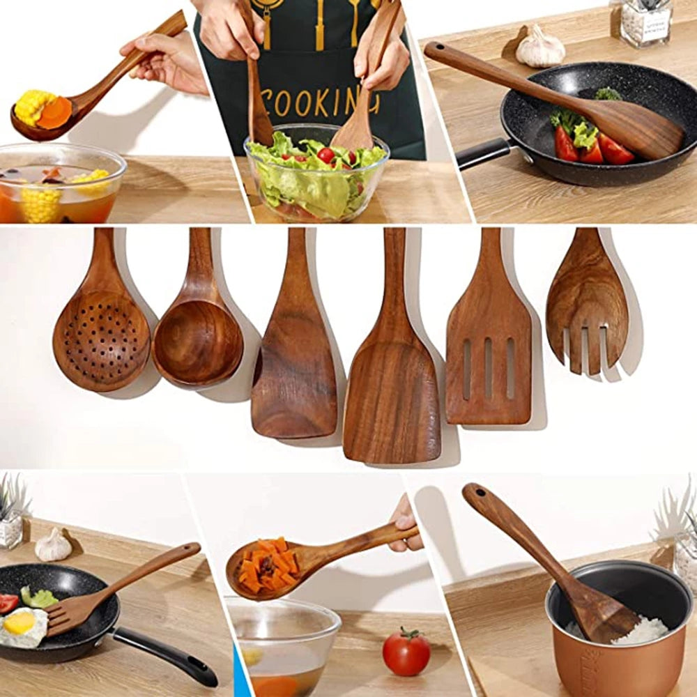Milieuvriendelijke teak houten keukengerei set, krasvrije kookgereedschappen