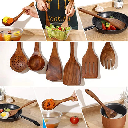 Milieuvriendelijke teak houten keukengerei set, krasvrije kookgereedschappen
