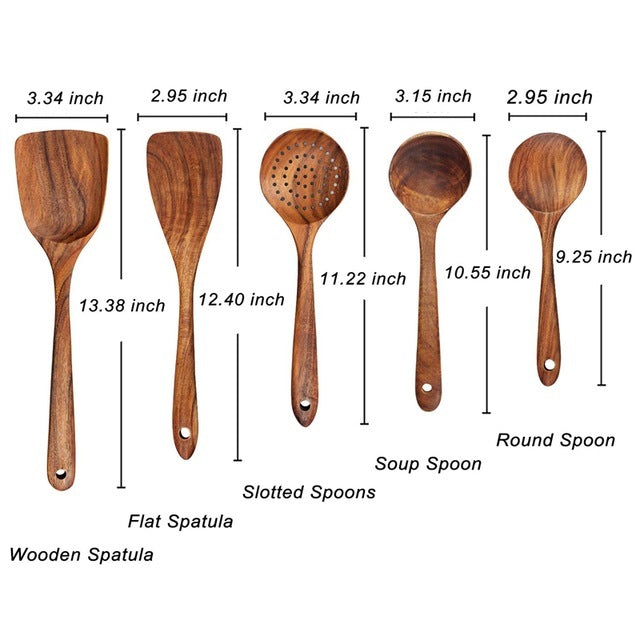 Milieuvriendelijke teak houten keukengerei set, krasvrije kookgereedschappen