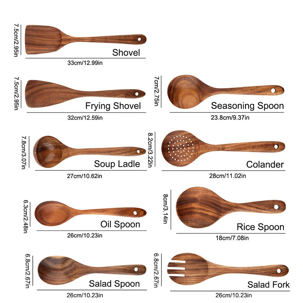 Milieuvriendelijke teak houten keukengerei set, krasvrije kookgereedschappen