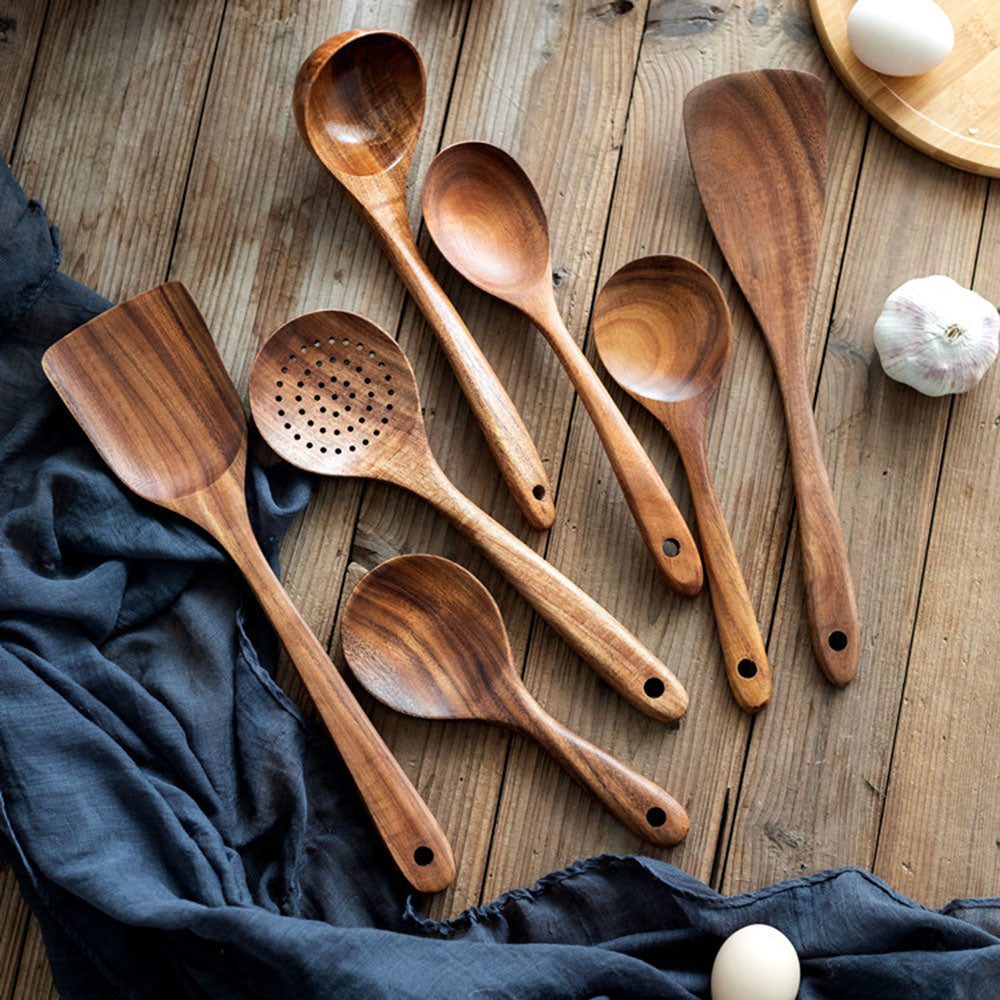 Milieuvriendelijke teak houten keukengerei set, krasvrije kookgereedschappen