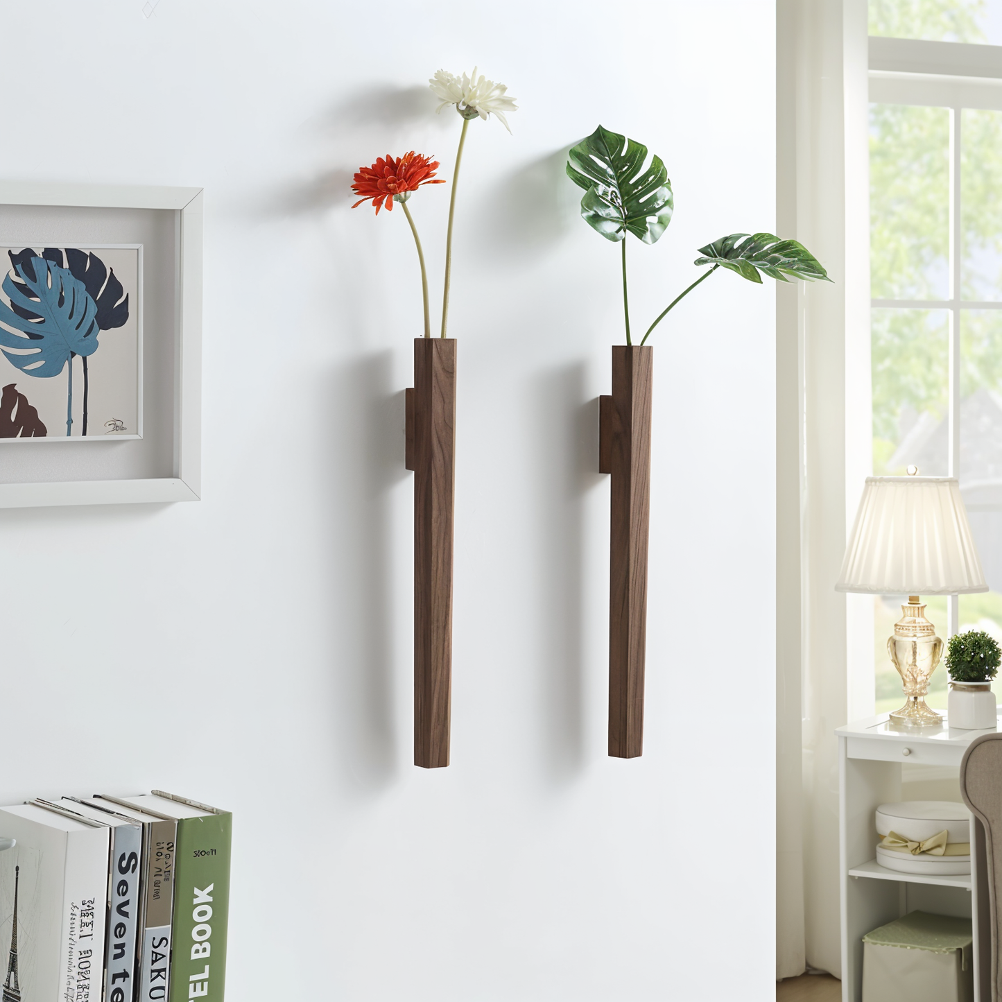 FreshFloret wandgemonteerde houten vaas massief beuken- en walnotenhout bloemendisplay