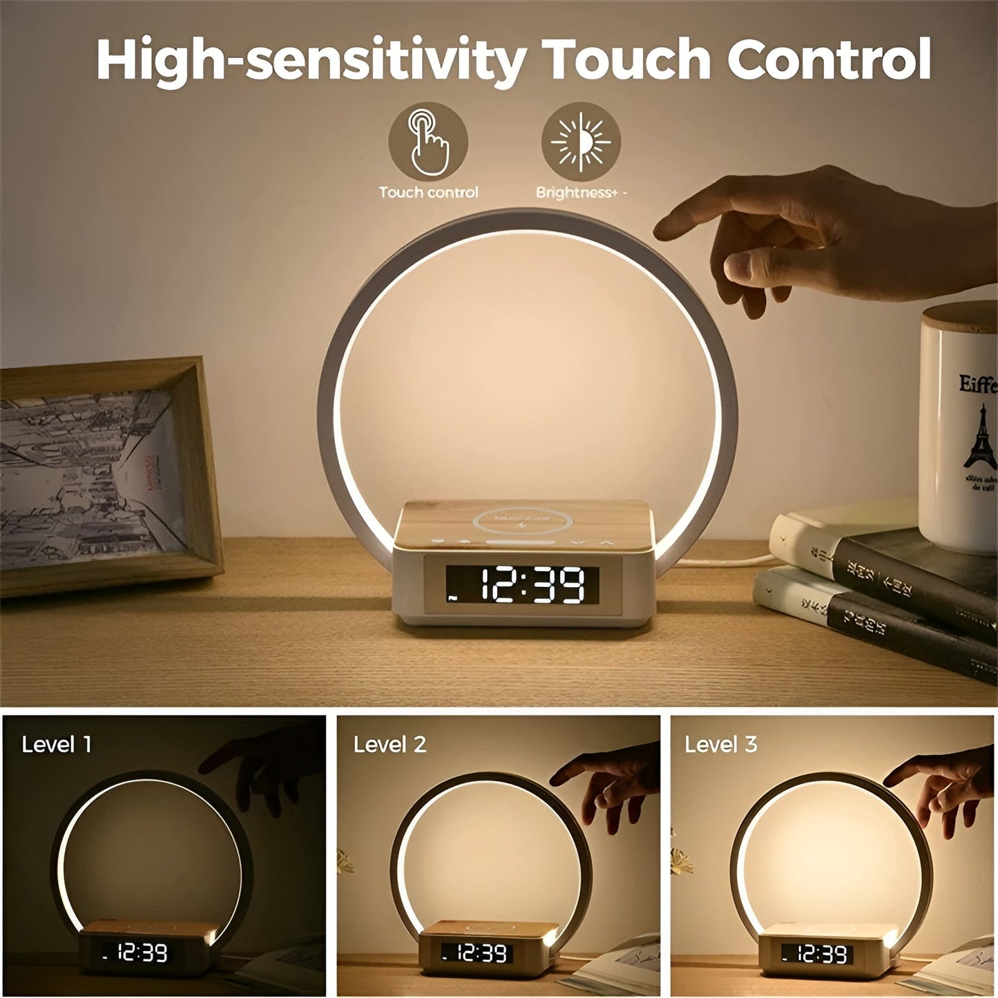 GlowMax 3-in-1 LED tafellamp met draadloze oplader, wekker en touchbediening