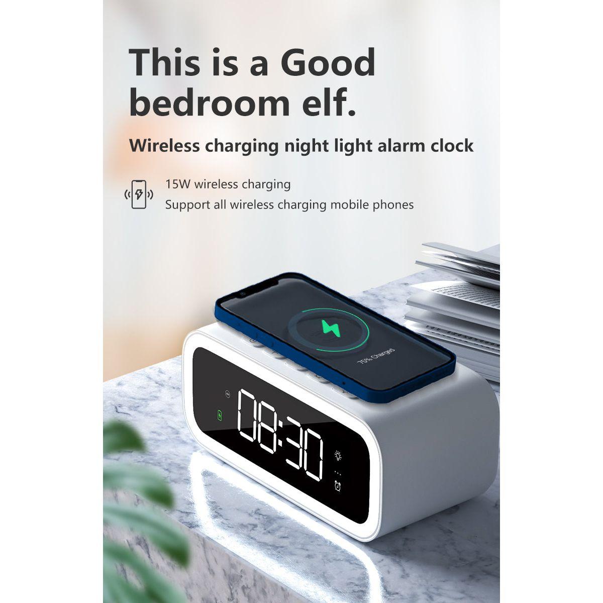 MultiTime Digitale Wekker met Draadloos Opladen – LED Nachtkastklok