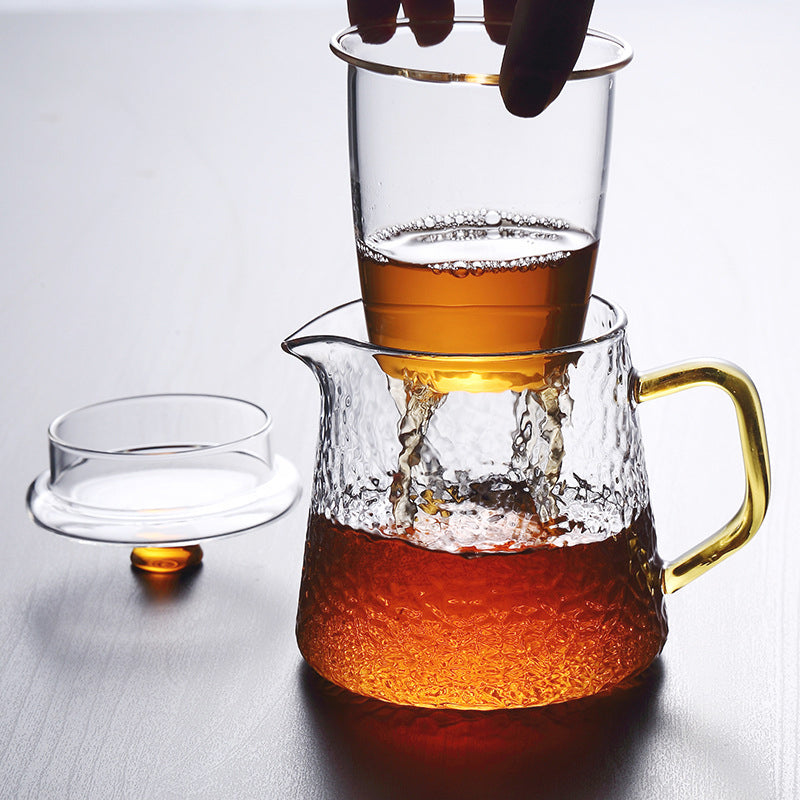 Pindefang glazen theepot met infuser en gouden handvat hittebestendig ontwerp