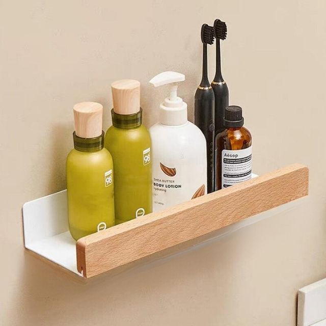 Massief houten badkamerplank zonder boren, wandgemonteerde organizer