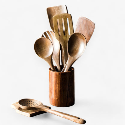 Teakhouten Keukengerei Set met Houder 9-delige Kookgereedschap