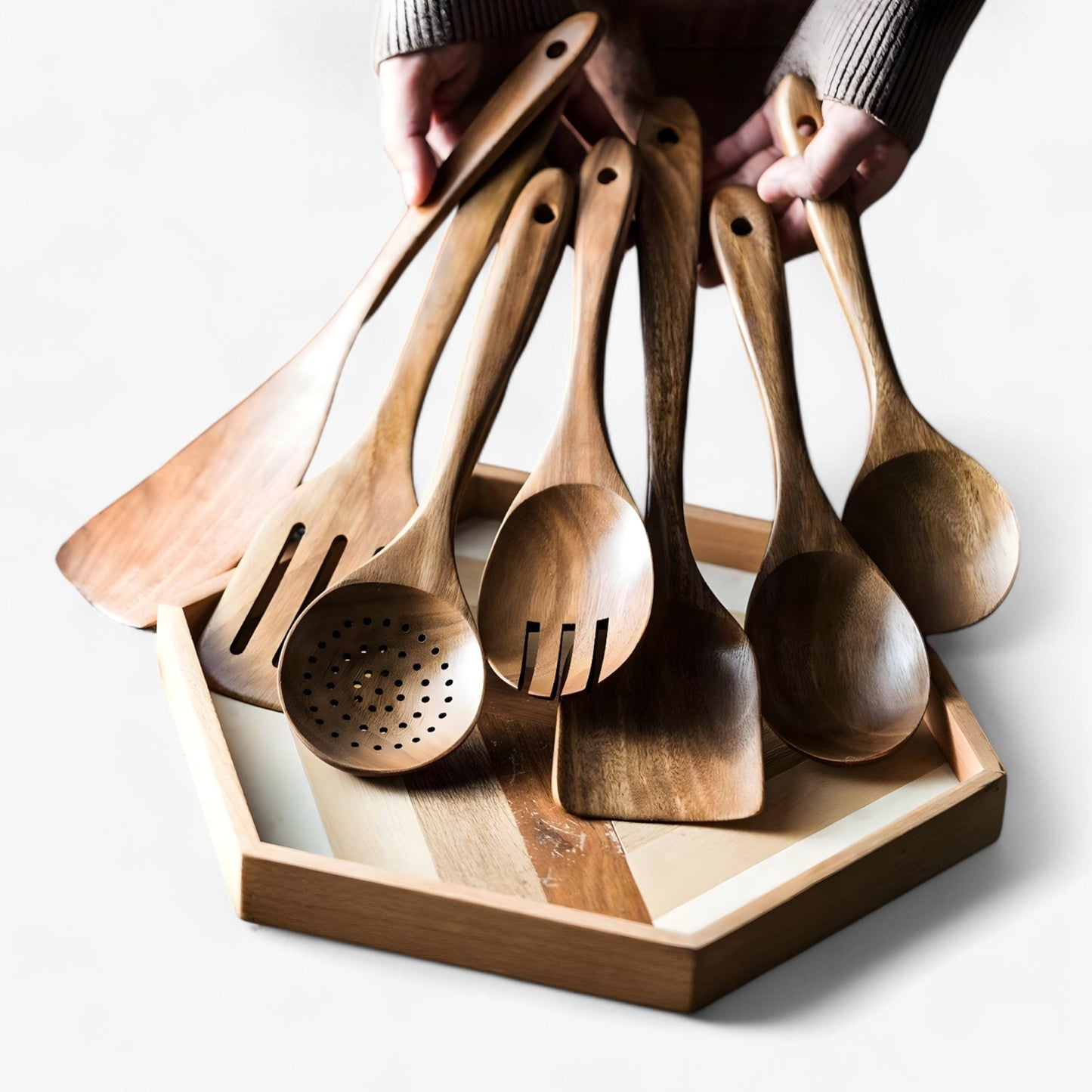 Teakhouten Keukengerei Set met Houder 9-delige Kookgereedschap