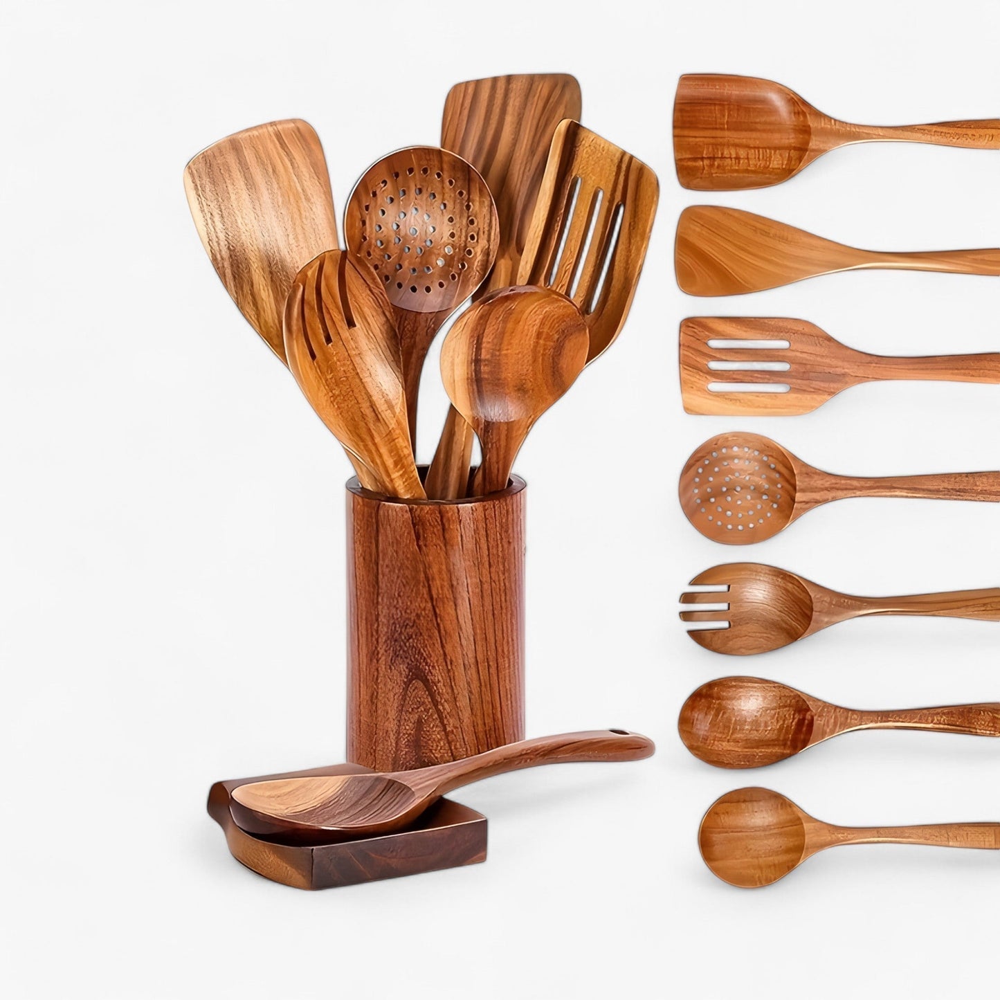 Teakhouten Keukengerei Set met Houder 9-delige Kookgereedschap