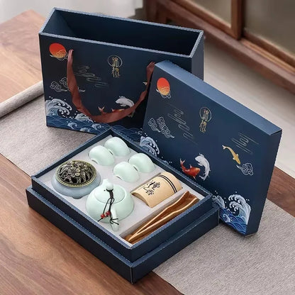 Traditioneel Chinees keramisch theeservies met 4 kopjes en wierookbrander Gongfu theeset