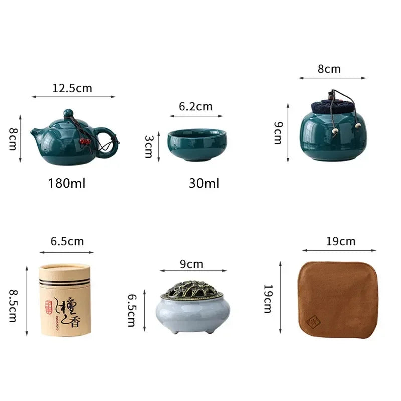 Traditioneel Chinees keramisch theeservies met 4 kopjes en wierookbrander Gongfu theeset