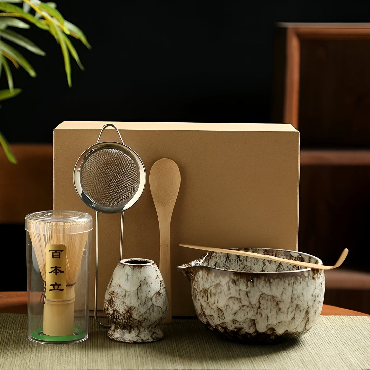 Traditionele Matcha Theeset 6-delig Bamboe en Keramiek Set
