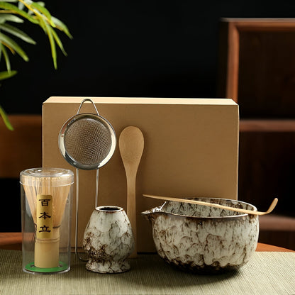 Traditionele Matcha Theeset 6-delig Bamboe en Keramiek Set