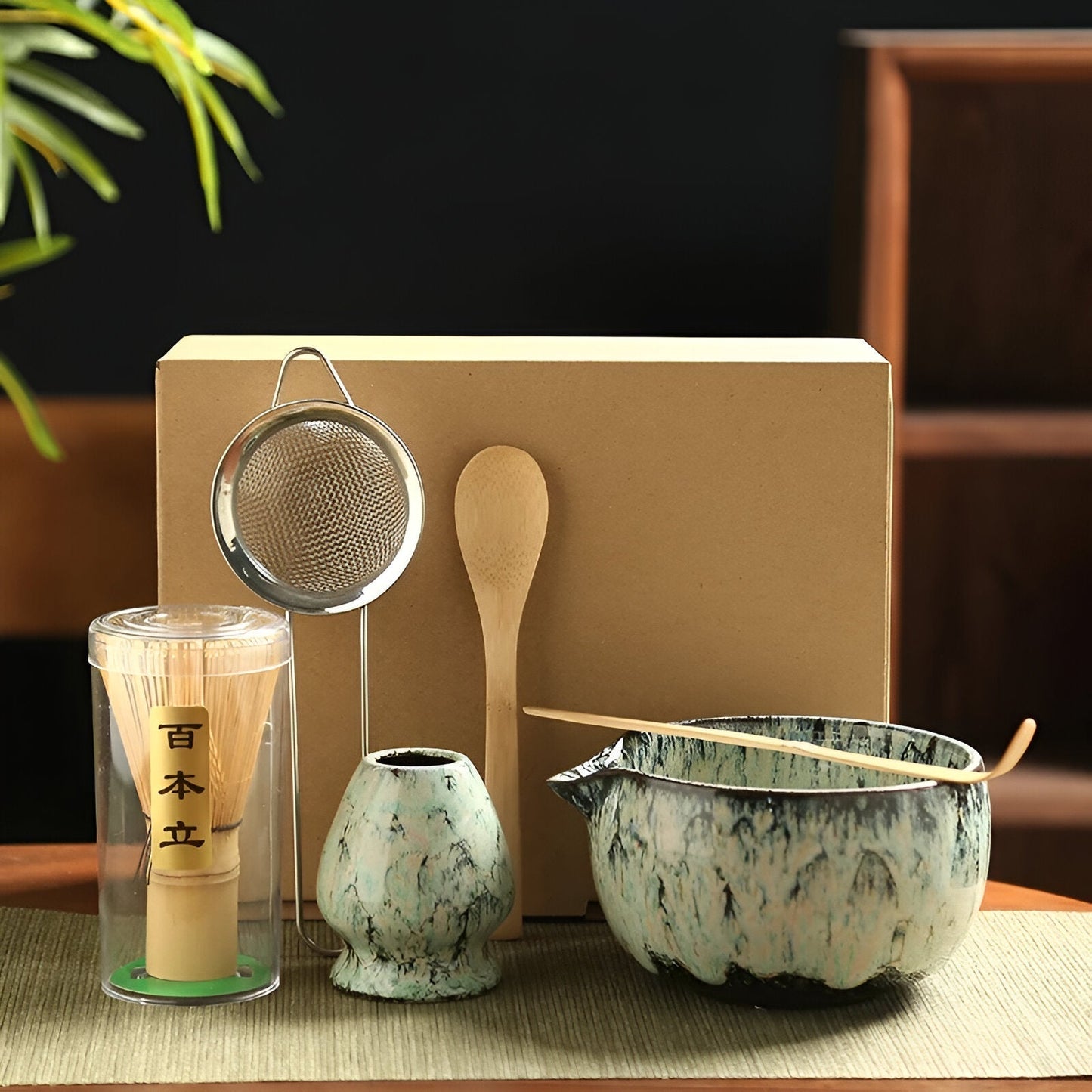 Traditionele Matcha Theeset 6-delig Bamboe en Keramiek Set