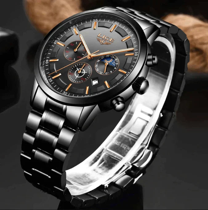 VanguardTime heren zwarte stalen horloge strak quartz ontwerp
