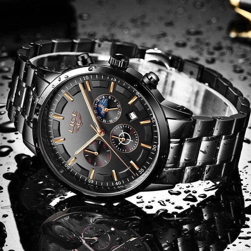 VanguardTime heren zwarte stalen horloge strak quartz ontwerp