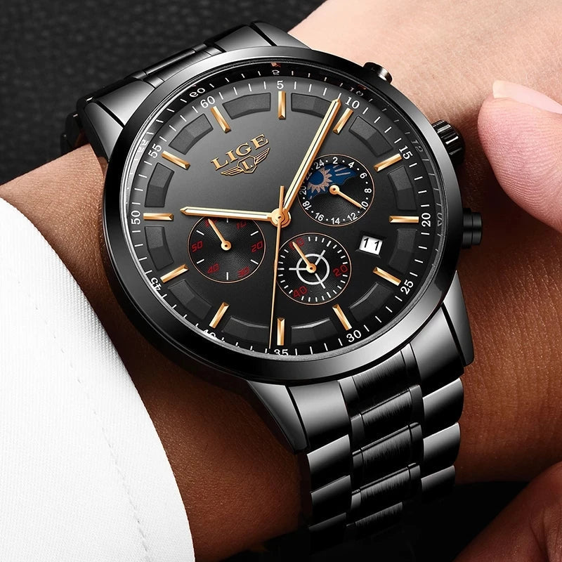VanguardTime heren zwarte stalen horloge strak quartz ontwerp