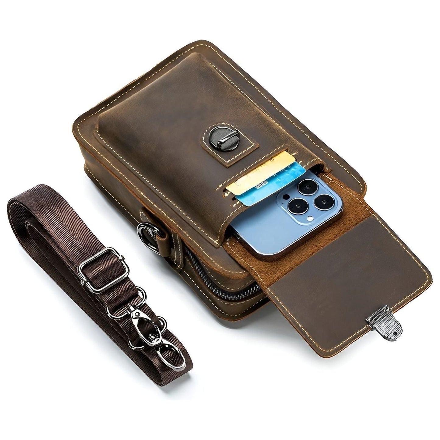 Vidal leren heuptas voor mannen met meerdere vakken en crossbody