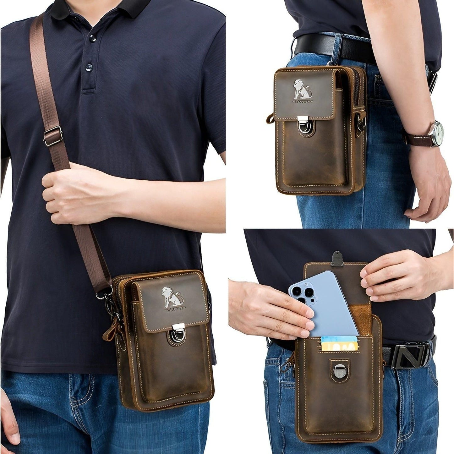 Vidal leren heuptas voor mannen met meerdere vakken en crossbody