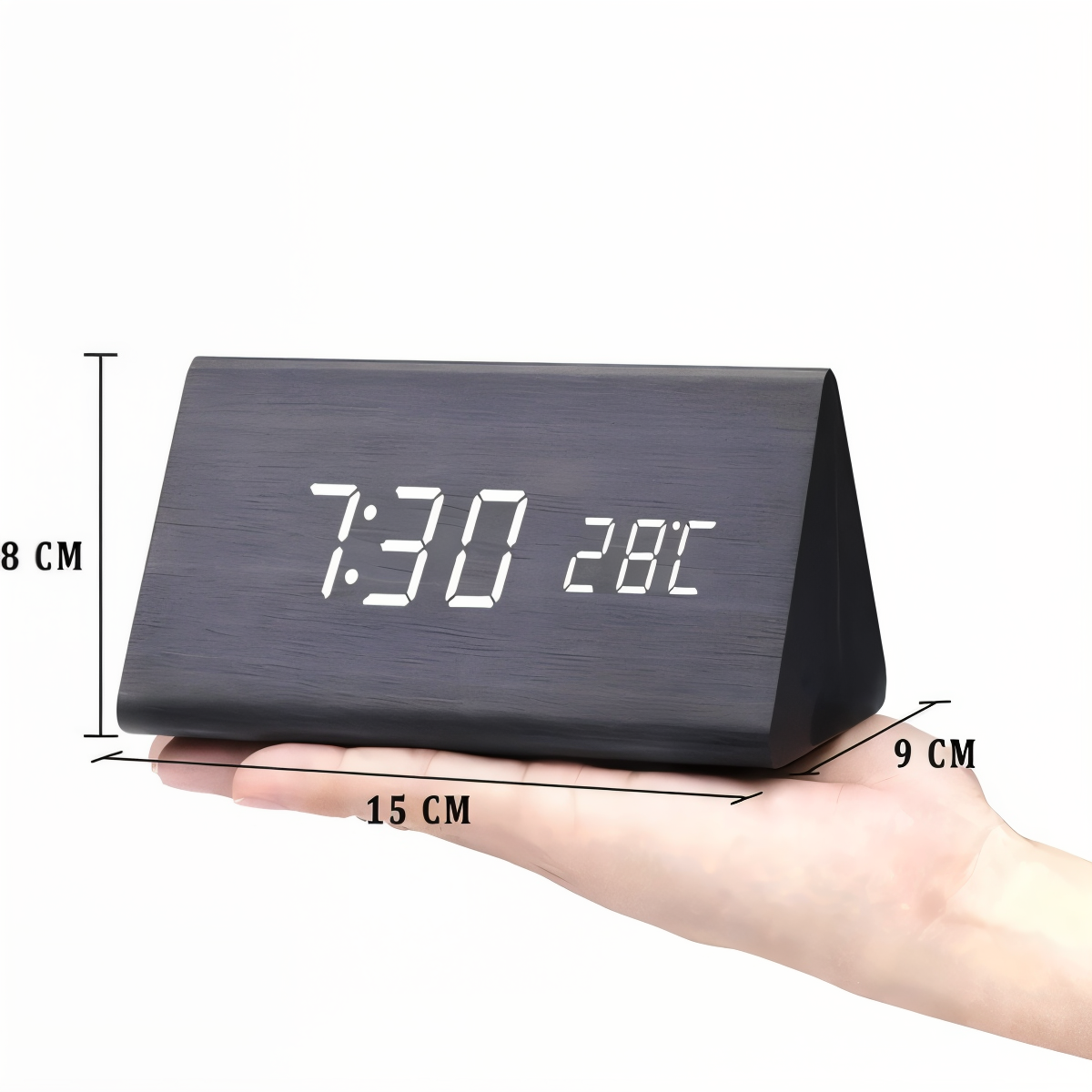 WakeyCue houten LED wekker met temperatuur- en vochtigheidsweergave