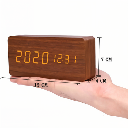 WakeyCue houten LED wekker met temperatuur- en vochtigheidsweergave
