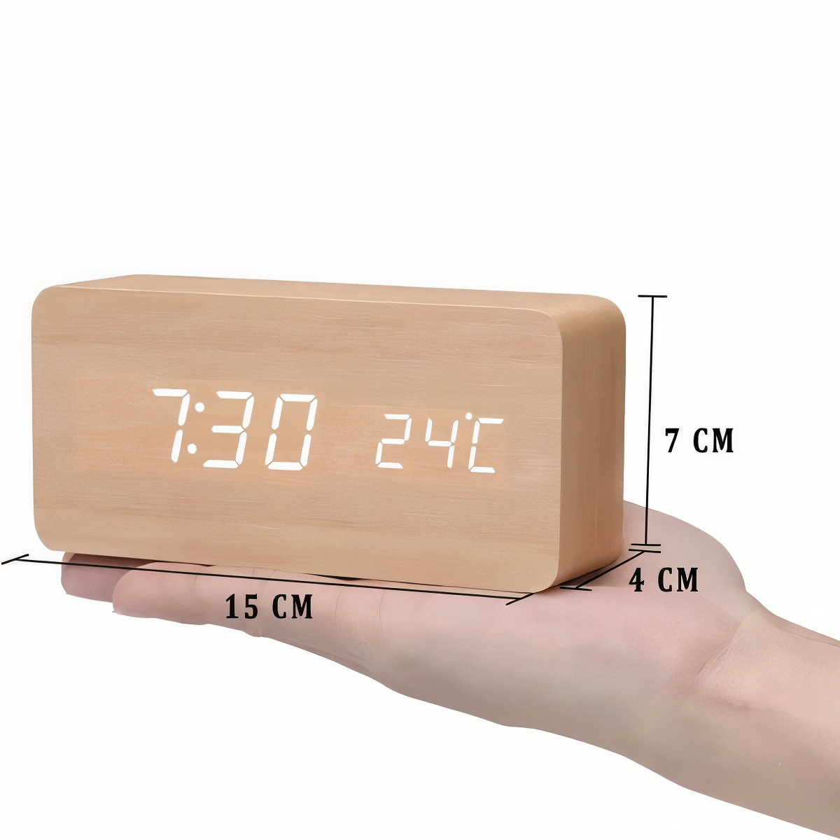 WakeyCue houten LED wekker met temperatuur- en vochtigheidsweergave