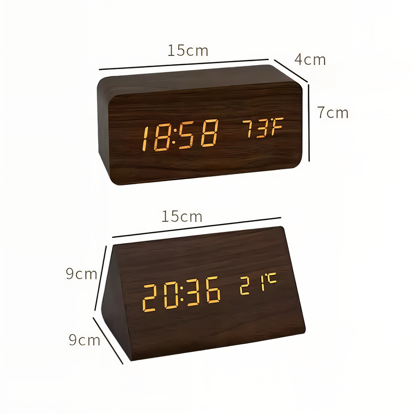 WakeyCue houten LED wekker met temperatuur- en vochtigheidsweergave