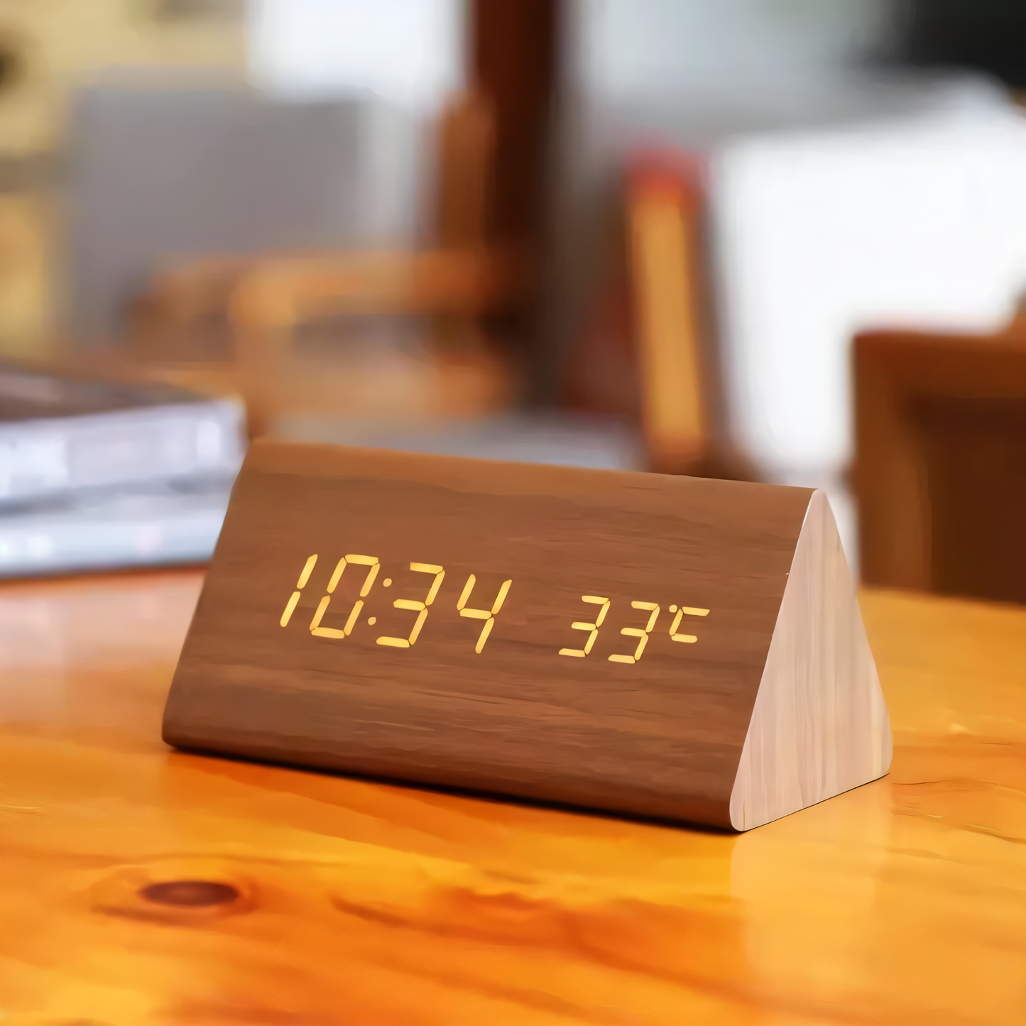 WakeyCue houten LED wekker met temperatuur- en vochtigheidsweergave
