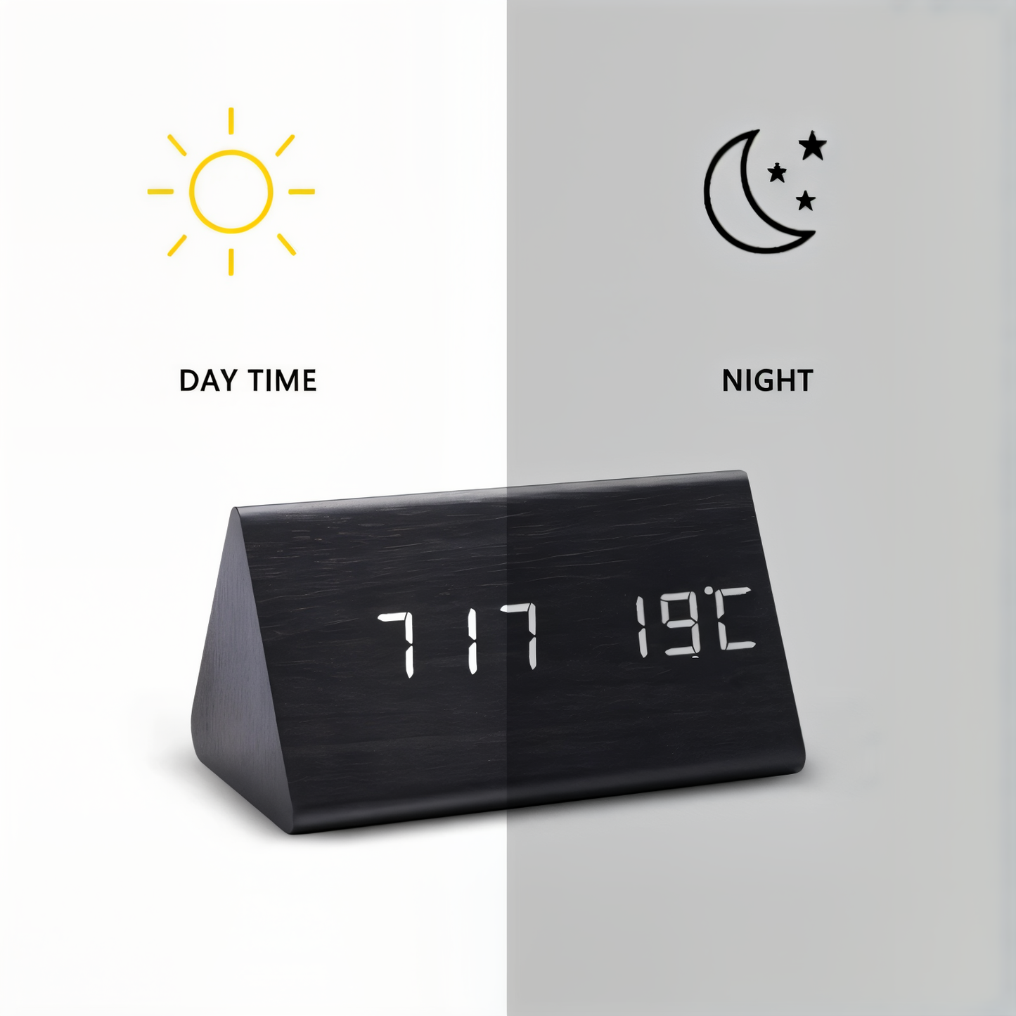WakeyCue houten LED wekker met temperatuur- en vochtigheidsweergave