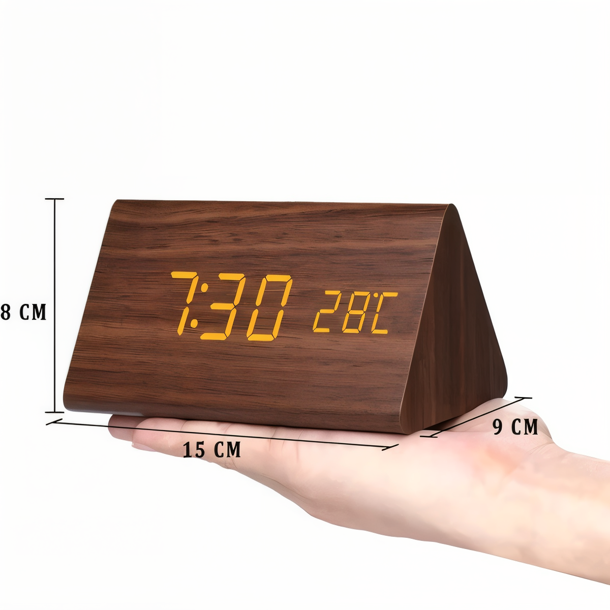 WakeyCue houten LED wekker met temperatuur- en vochtigheidsweergave