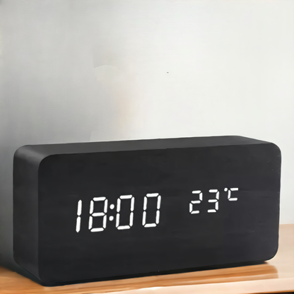 WakeyCue houten LED wekker met temperatuur- en vochtigheidsweergave