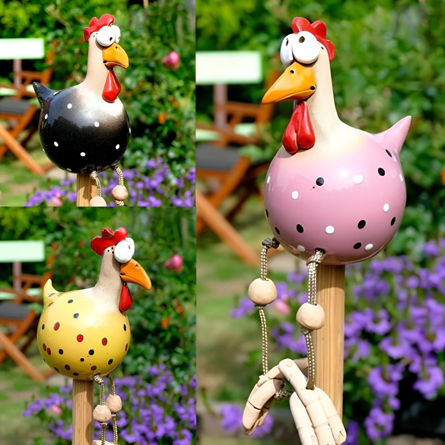 Sprookjesachtige grote oog kippen tuinbeeld met weerbestendig ontwerp