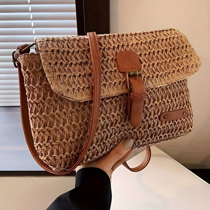 Gevlochten stro schoudertas met vintage stijl voor zomerse reizen en dagelijks gebruik