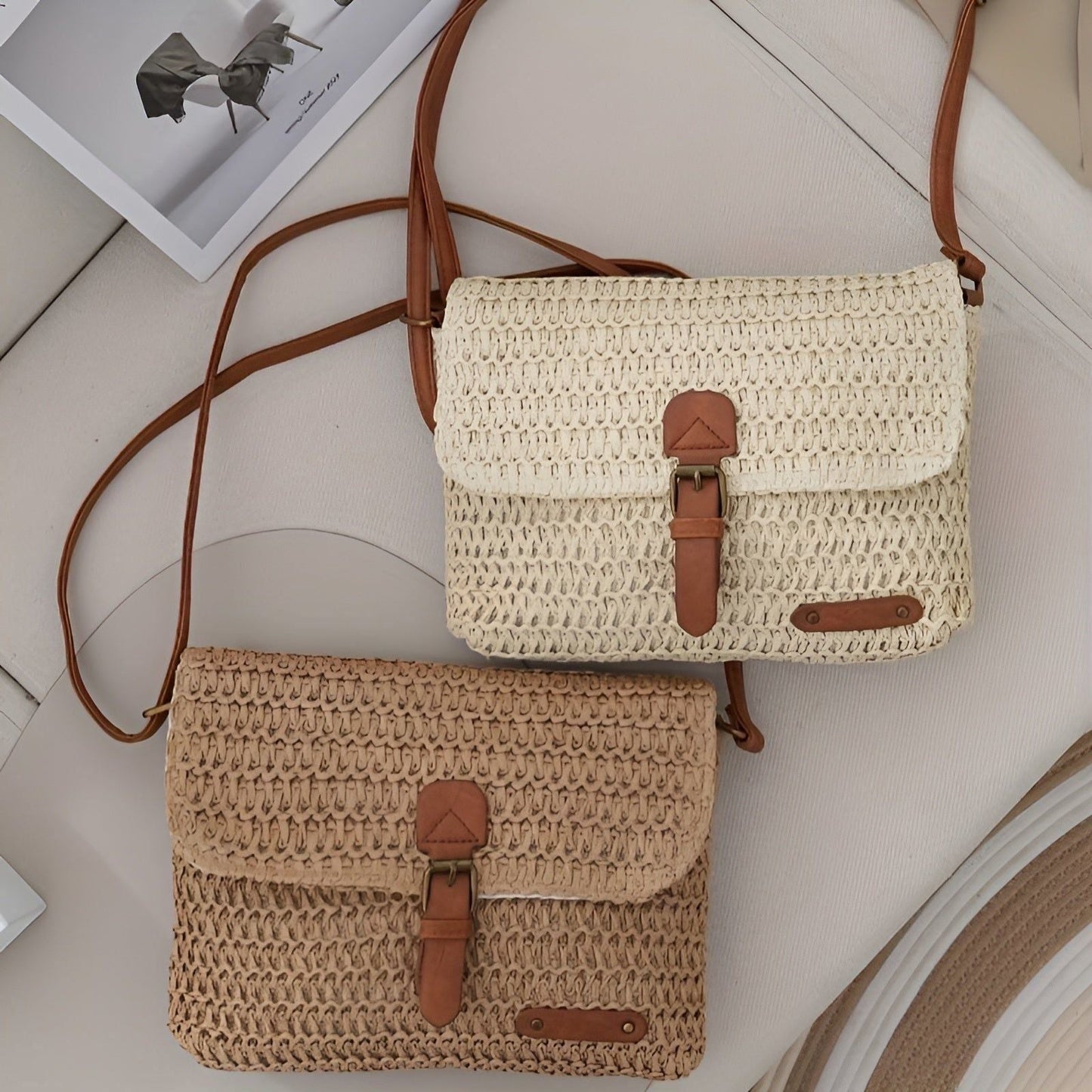 Gevlochten stro schoudertas met vintage stijl voor zomerse reizen en dagelijks gebruik